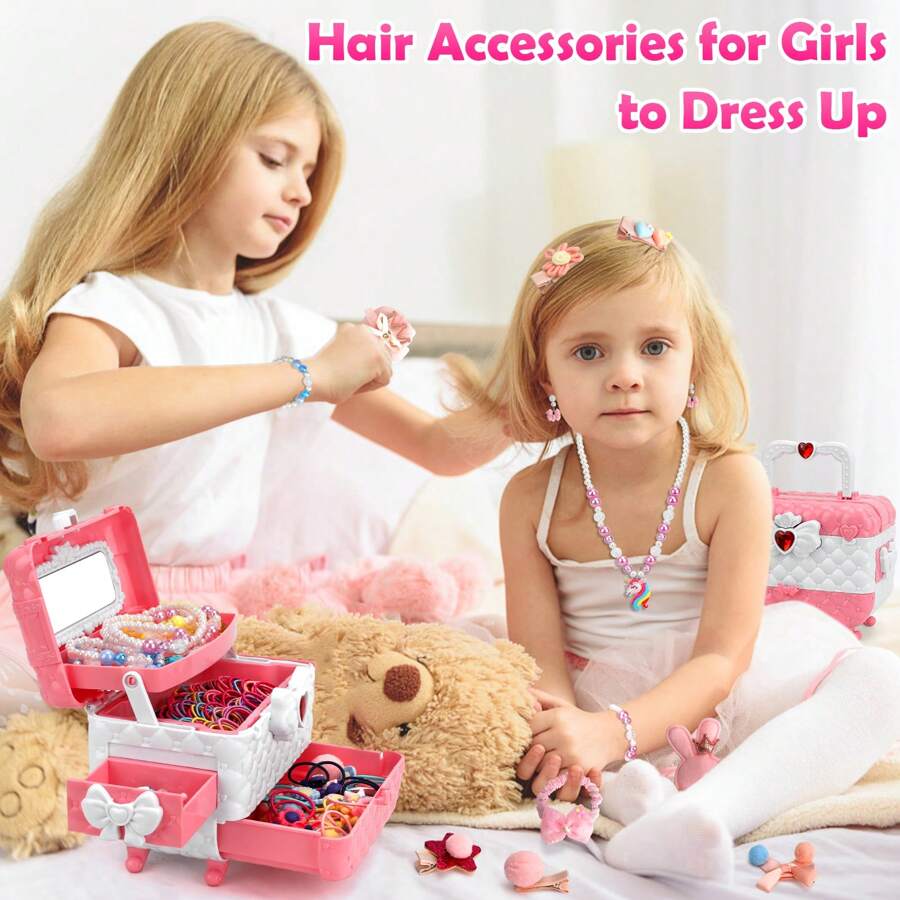 Kids Jewelry Toys For Girls Ages 3 4 5 6 7 8 9 10, Toddler Dress Up Play Jewelry Set, Princess Jewelry With Hair Clips & Hair Ties, Christmas Birthday Gifts For Girls 3-12 Years Old
