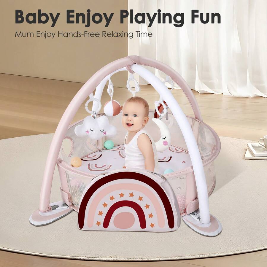4-In-1 Baby Play Mat Baby Gym,Mat For Floor Activity Gym Ball Pit Including 30 Balls With 5 Infant Learning Sensory Baby Toys For Newborn Toddler Boy & Girl Halloween Gifts