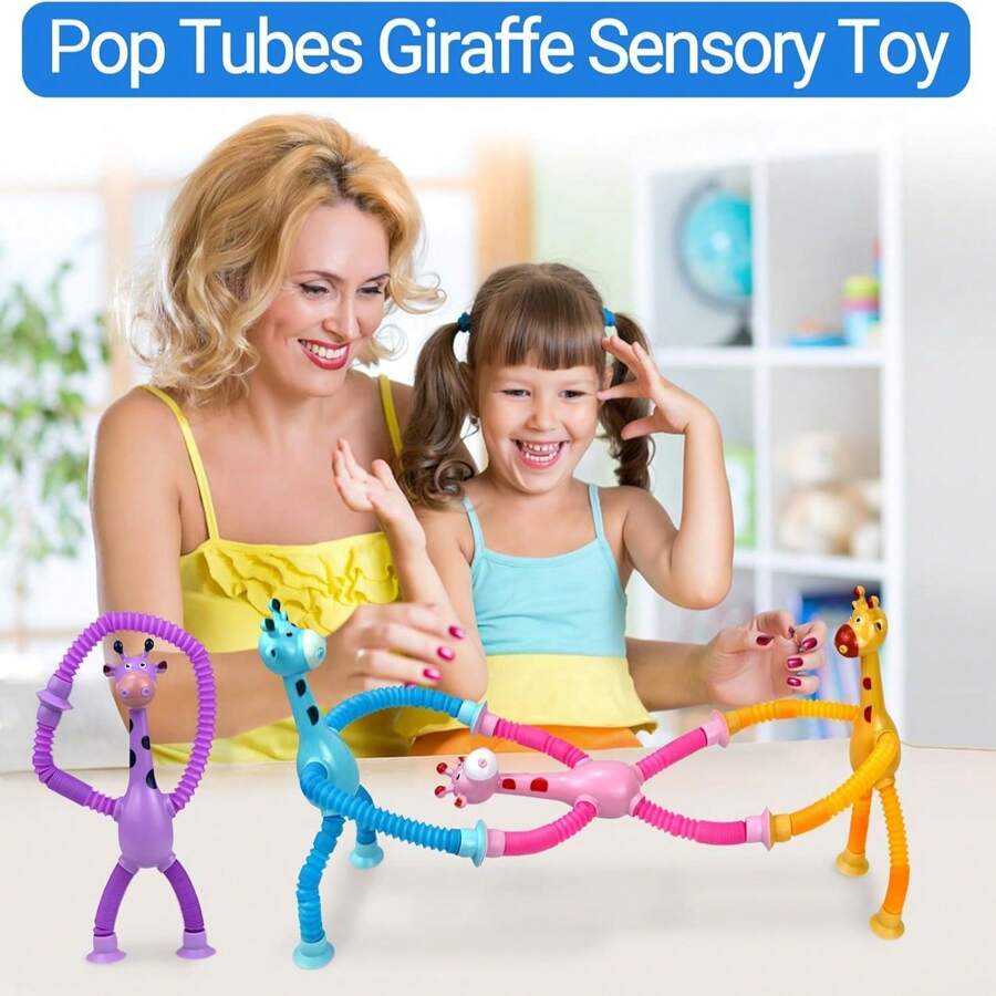 4 Pcs Telescopic Suction Cup Giraffe Toy, Funny Pop Tubes Sensory Toy For Toddlers, Educational Fidget Toys For Anxiety Kids For 3 4 5 6 7 8 9 Year Old Boys Girls
