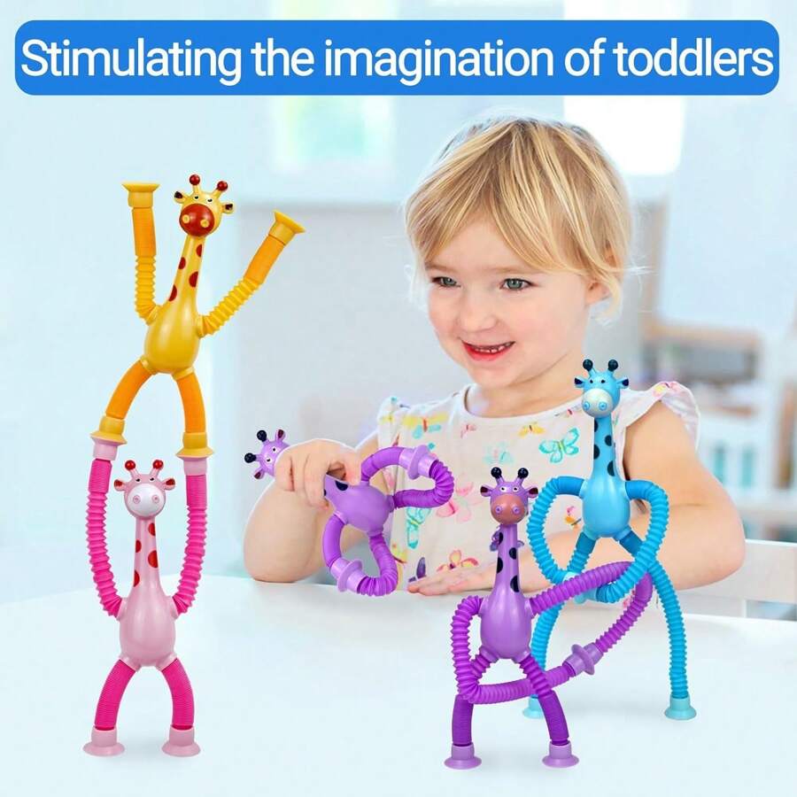 4 Pcs Telescopic Suction Cup Giraffe Toy, Funny Pop Tubes Sensory Toy For Toddlers, Educational Fidget Toys For Anxiety Kids For 3 4 5 6 7 8 9 Year Old Boys Girls
