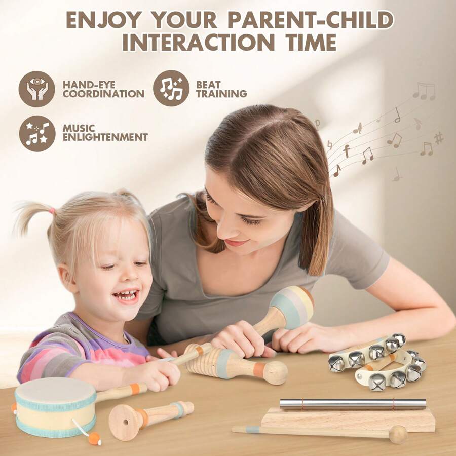 Wooden Musical Toys - 1st Birthday Easter Gifts For Boys And Girls - Montessori Sensory Toy For Babies 18 Months+ With Drum/Tambourine/Sand Balls