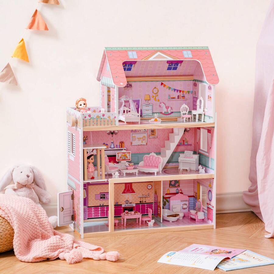 Robotime Robud 3-Story Wooden Dollhouse With Working Elevator - 20PCS Furniture Set, Garage & Accessories - Large Preschool Playhouse For Kids Ages 3+, Ideal Gift For Girls & Boys