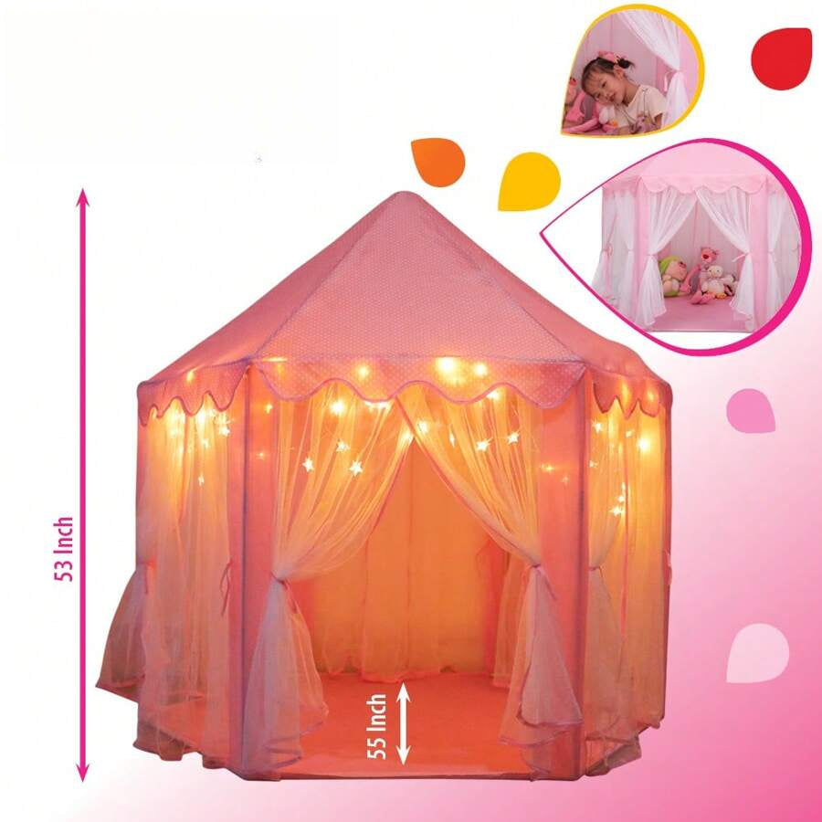 Princess Castle Playhouse Tent Forgirls With LED Star Lights – Indoor & Outdoor Large Play Tent For Imaginative Games – ASTM Certified, 230 Polyester Taffeta. Pink 55"X53"Kids Tent,Tent For Kids,Tent