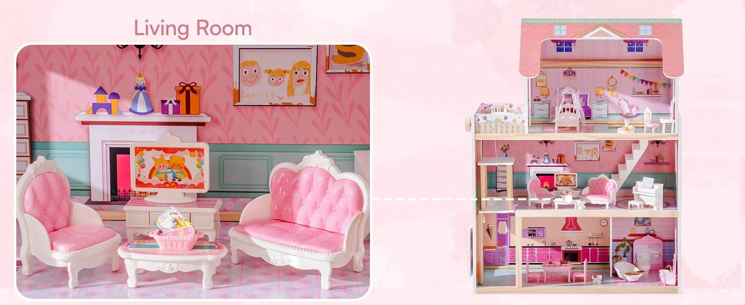 Robotime Robud 3-Story Wooden Dollhouse With Working Elevator - 20PCS Furniture Set, Garage & Accessories - Large Preschool Playhouse For Kids Ages 3+, Ideal Gift For Girls & Boys