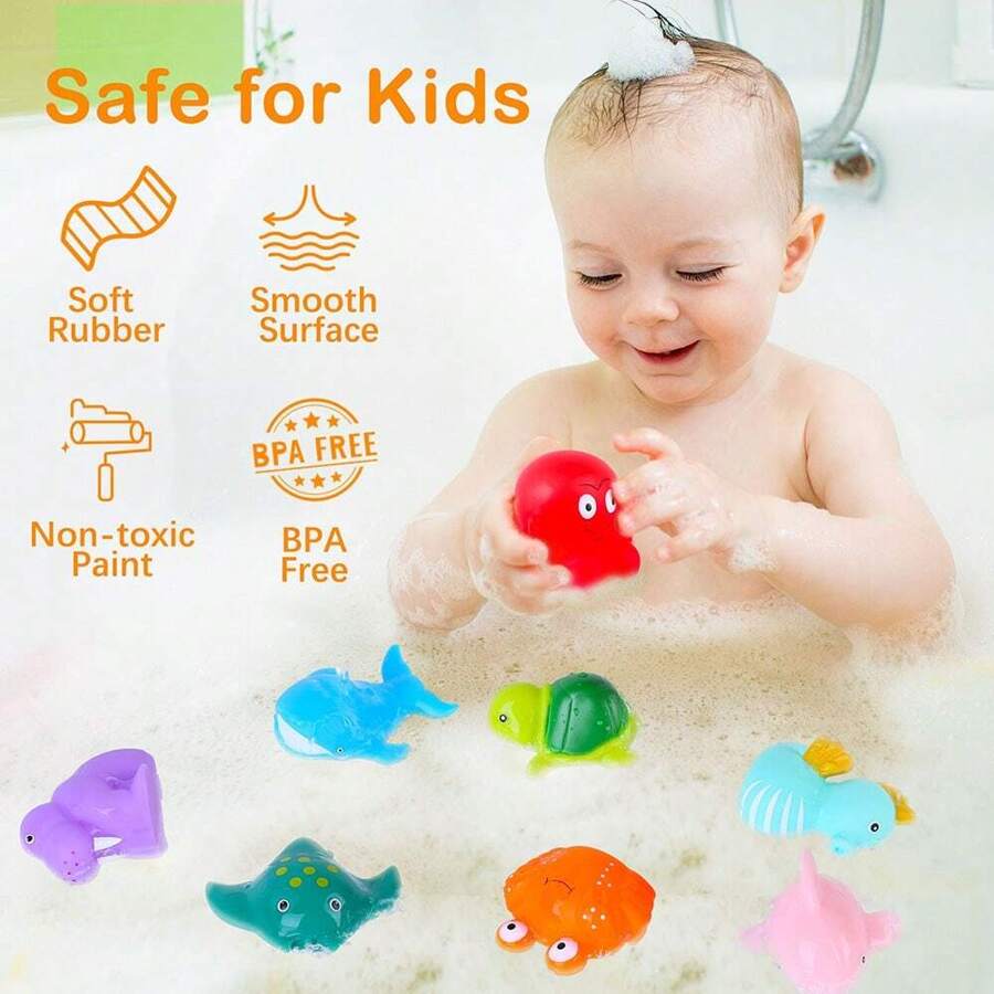 Bath Toy, Mold Free Bathtub Toys for Infants Toddlers, 8PCS No Holes Ocean Sea Animal Baby Bath Toys, Soft Bath Tub Toys