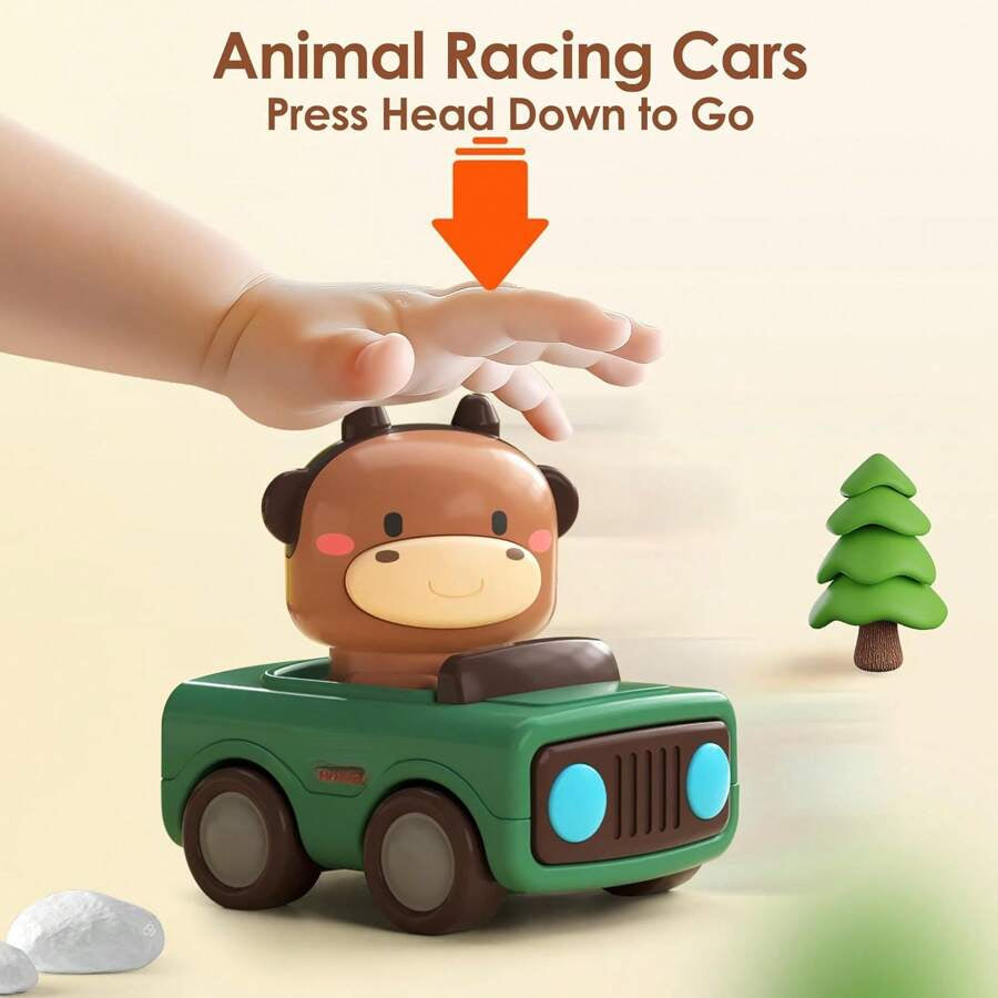 Press To Go Car Toys For Toddlers 1-3, Baby Animal Racing Cars, Infant Play Vehicle Set, BabyPush Go Friction Car Toys For 18+ Months, Birthday Gifts For 1-2 Years Old Boys