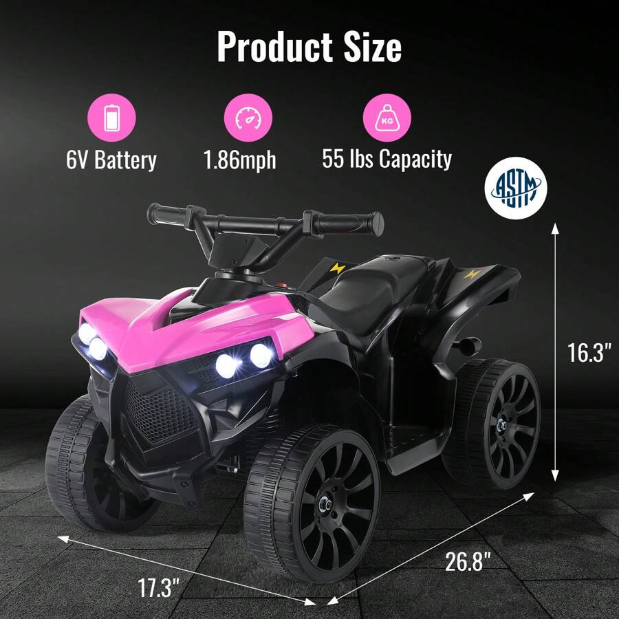 6V Kids Ride On ATV Quad 4 Wheeler Electric Toy Car Powered Ride On Motorcycle With Music, Headlights, Pedal Accelerator, Anti-Skid Tires, For Boys Girls 2-4 Years