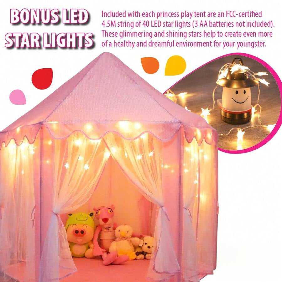 Princess Castle Playhouse Tent Forgirls With LED Star Lights – Indoor & Outdoor Large Play Tent For Imaginative Games – ASTM Certified, 230 Polyester Taffeta. Pink 55"X53"Kids Tent,Tent For Kids,Tent