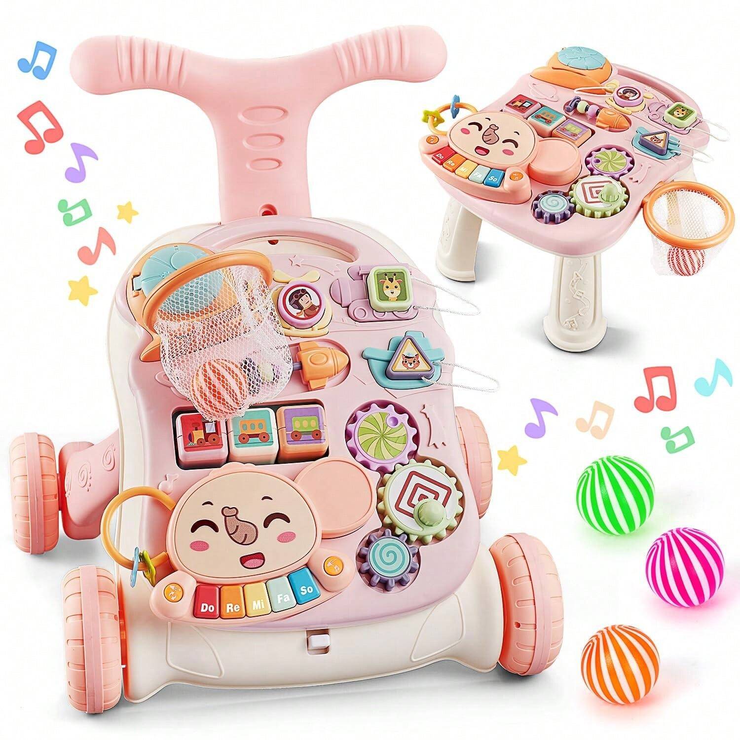 3 In 1 Baby Walker And Activity Center For Baby Girl,Toddler, Learning To Walk, Sit To Stand, Early Learning Push Toys For Infant 6-12 Months Pink