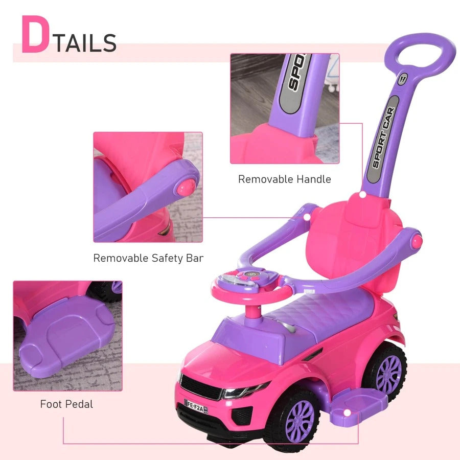 3 In 1 Push Cars for Toddlers Kid Ride on Push Car Stroller Sliding Walking Car with Horn Music Light Function Secure Bar Ride on Toy for Boy Girl 1-3 Years Old Pink