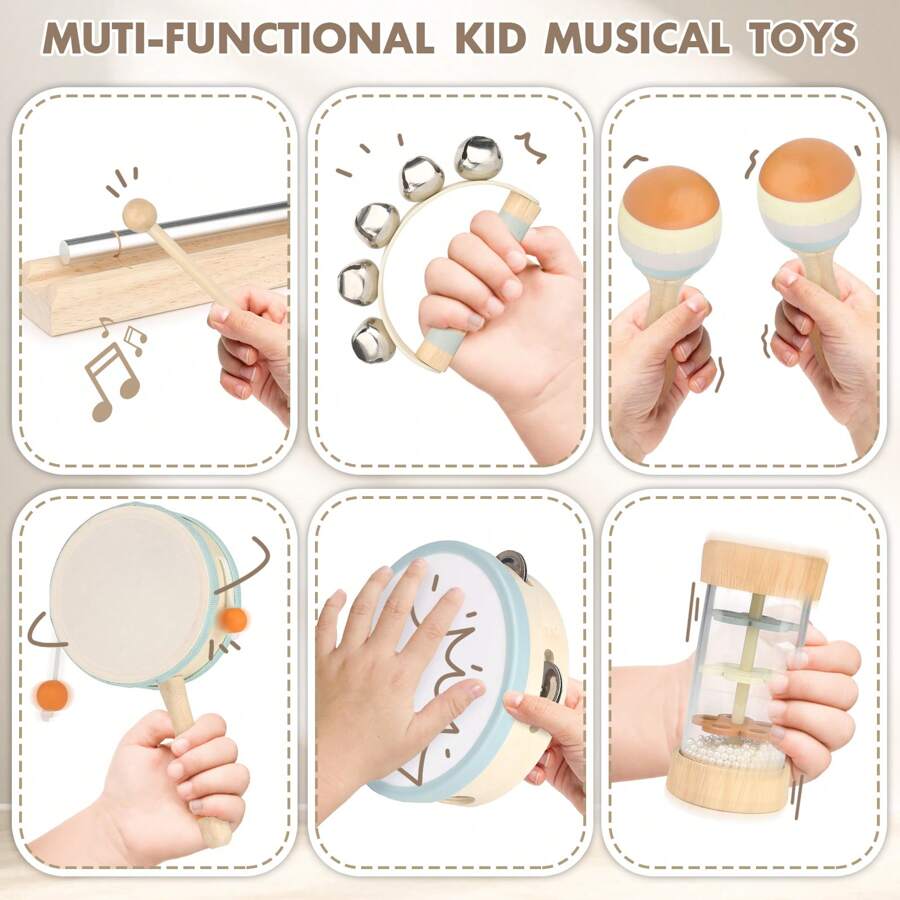 Wooden Musical Toys - 1st Birthday Easter Gifts For Boys And Girls - Montessori Sensory Toy For Babies 18 Months+ With Drum/Tambourine/Sand Balls