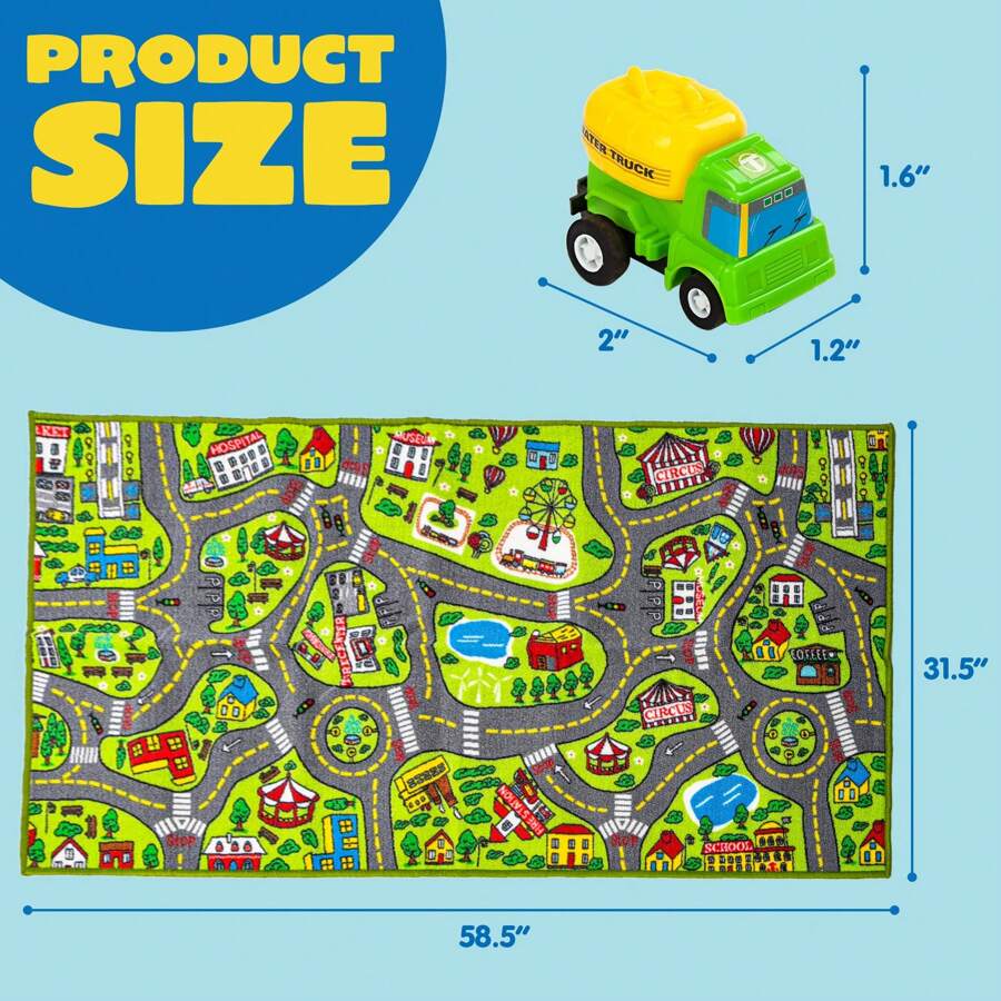 Kids Play Rugs - 12 Pull-Back Vehicle Set - Durable Carpet Playmat Rug - City Pretend Play - Toddler Car Track Rug