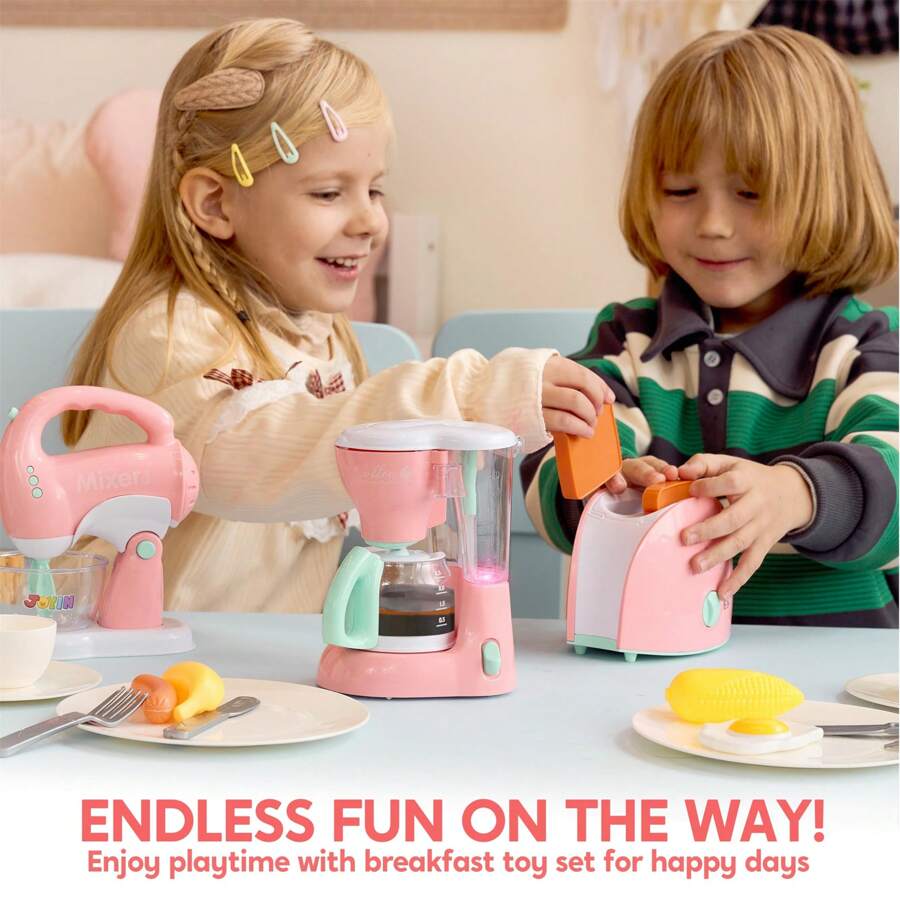 Play Kitchen Toys, Pretend Play Kitchen Appliances Toy Set With Coffee Maker, Mixer, Toaster With Realistic Lights& Sounds, Birthday Gift For Kids Ages 3+, Pink