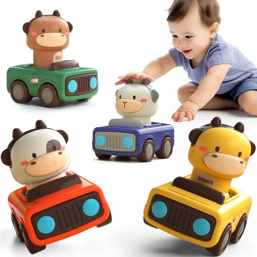 Press To Go Car Toys For Toddlers 1-3, Baby Animal Racing Cars, Infant Play Vehicle Set, BabyPush Go Friction Car Toys For 18+ Months, Birthday Gifts For 1-2 Years Old Boys