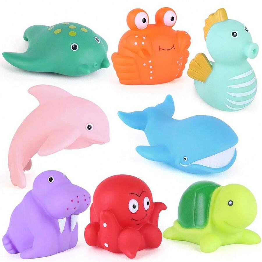 Bath Toy, Mold Free Bathtub Toys for Infants Toddlers, 8PCS No Holes Ocean Sea Animal Baby Bath Toys, Soft Bath Tub Toys