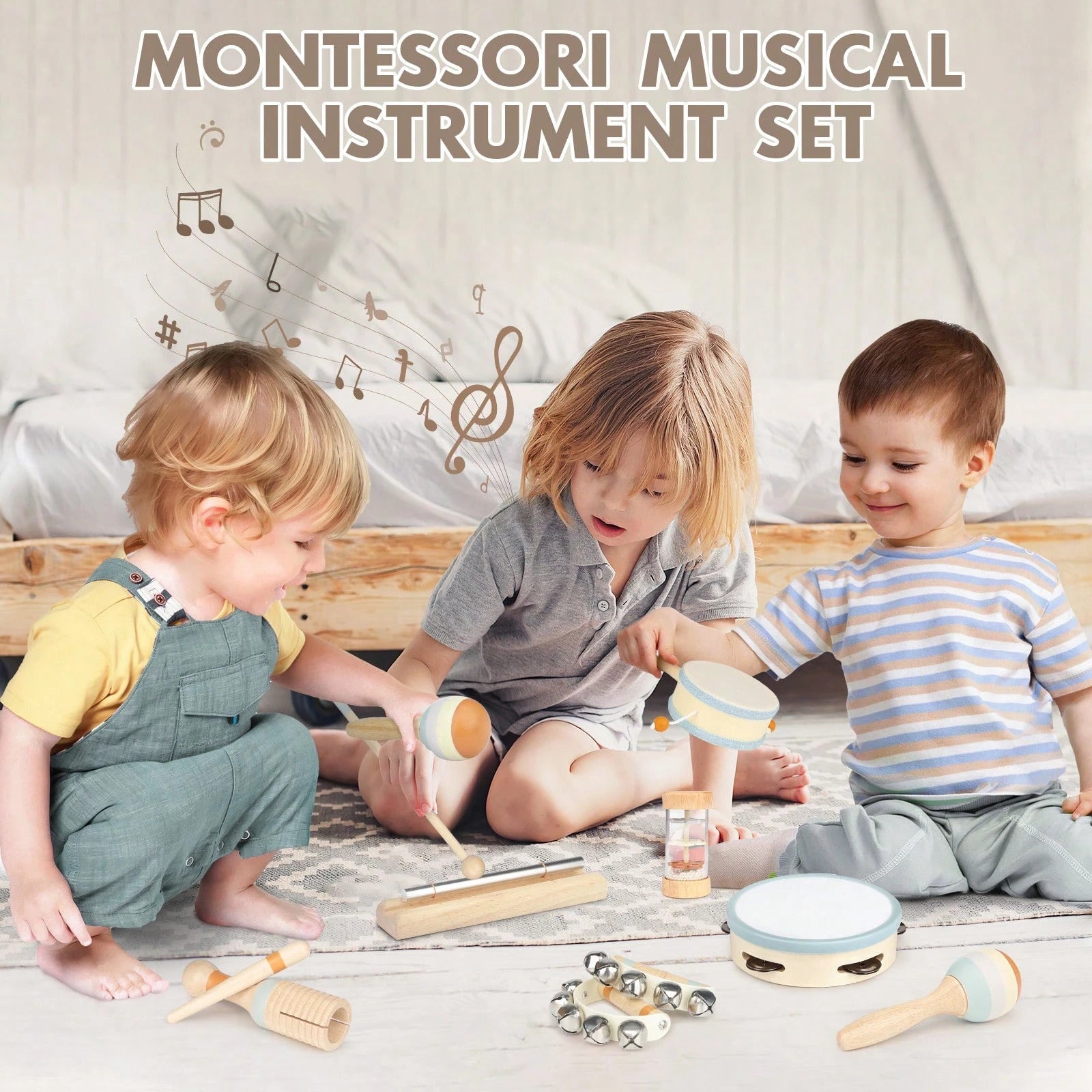 Wooden Musical Toys - 1st Birthday Easter Gifts For Boys And Girls - Montessori Sensory Toy For Babies 18 Months+ With Drum/Tambourine/Sand Balls