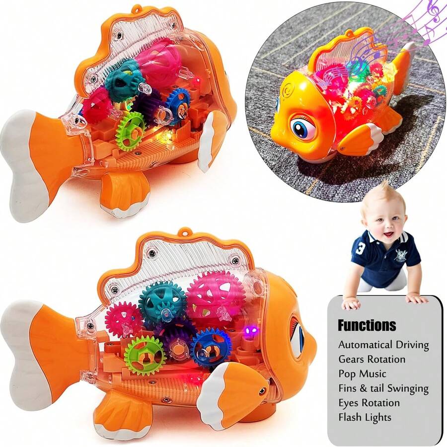 Transparent Electric Gear Gold Fish Toddler Toys With Music & Lights, Baby Toddler Kids Birthday Gifts Gear Goldfish Car Toy Electronic Land Swimming Fish Toy Goldfish Toy Universal Wheel Car Toy With Lights And Music-Eyes, Arms & Tail Can Move