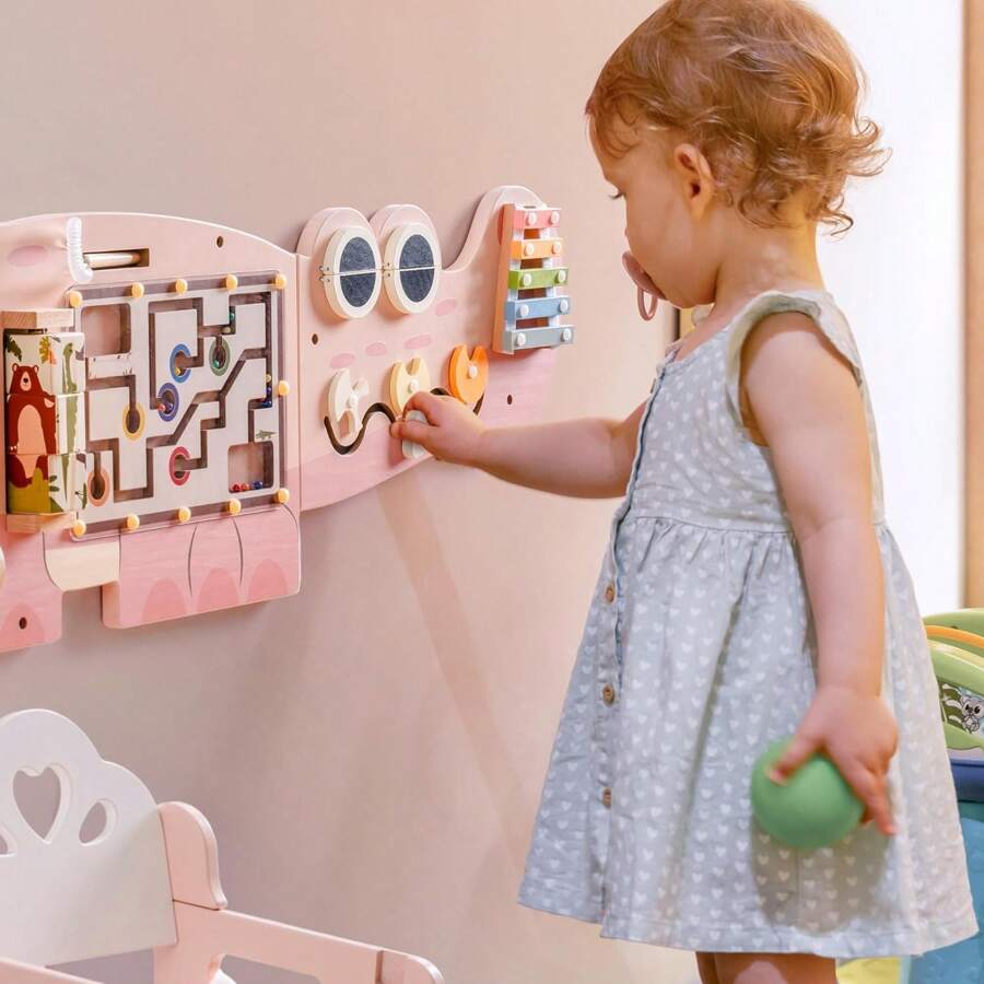 Montessori Wooden Busy Board For Toddlers - Wall Mounted Activity Center With Gears, Locks, Mazes & Sensory Toys Educational Learning Toy Gift For Boys & Girls