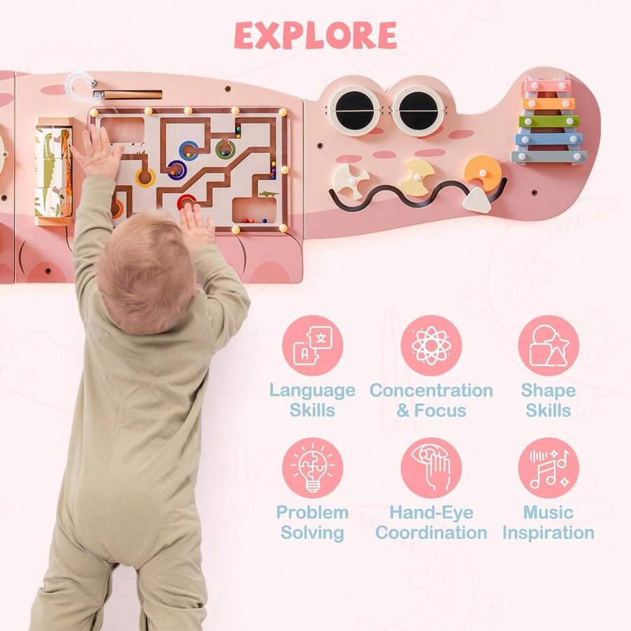 Montessori Wooden Busy Board For Toddlers - Wall Mounted Activity Center With Gears, Locks, Mazes & Sensory Toys Educational Learning Toy Gift For Boys & Girls