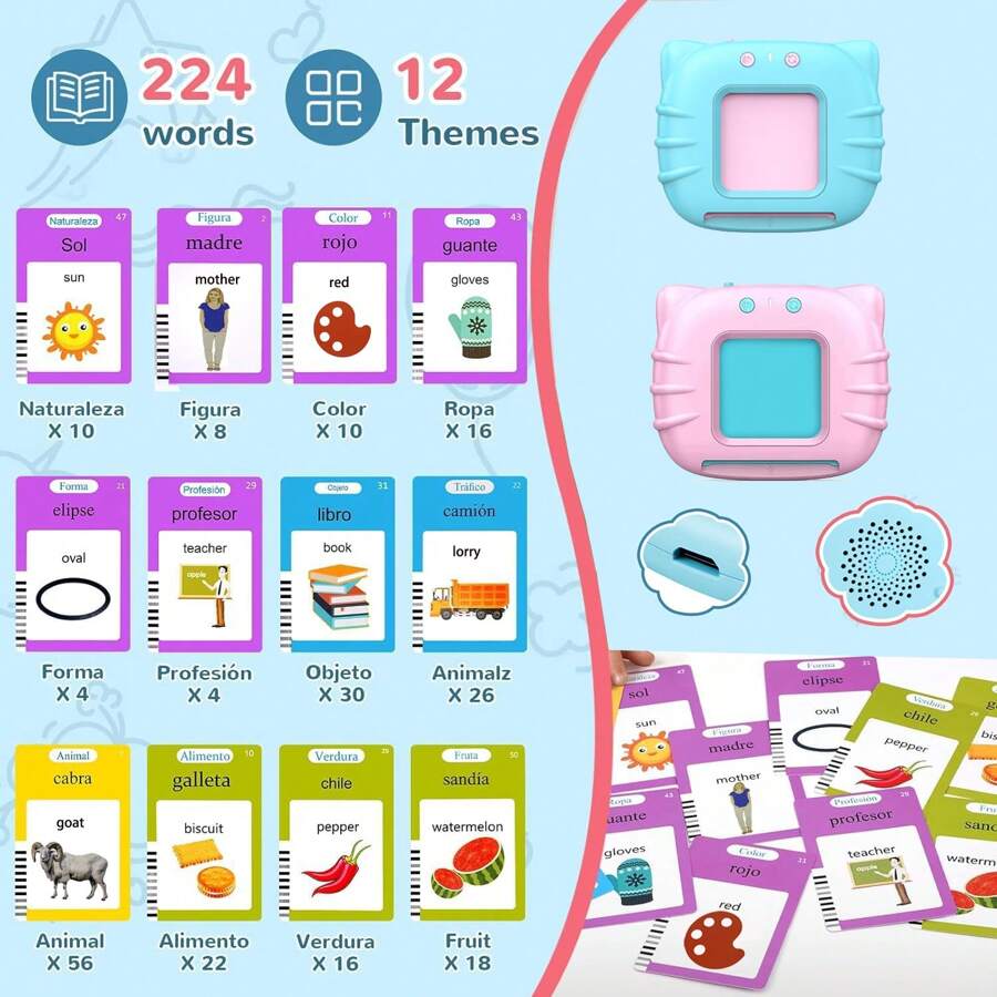 Spanish & English Talking Flash Cards For Boys And Girls Bilingual Spanish English, Learning Cards Sensory Sight Words Toys,Speech Training Toys, Educational Montessori Learning Interactive