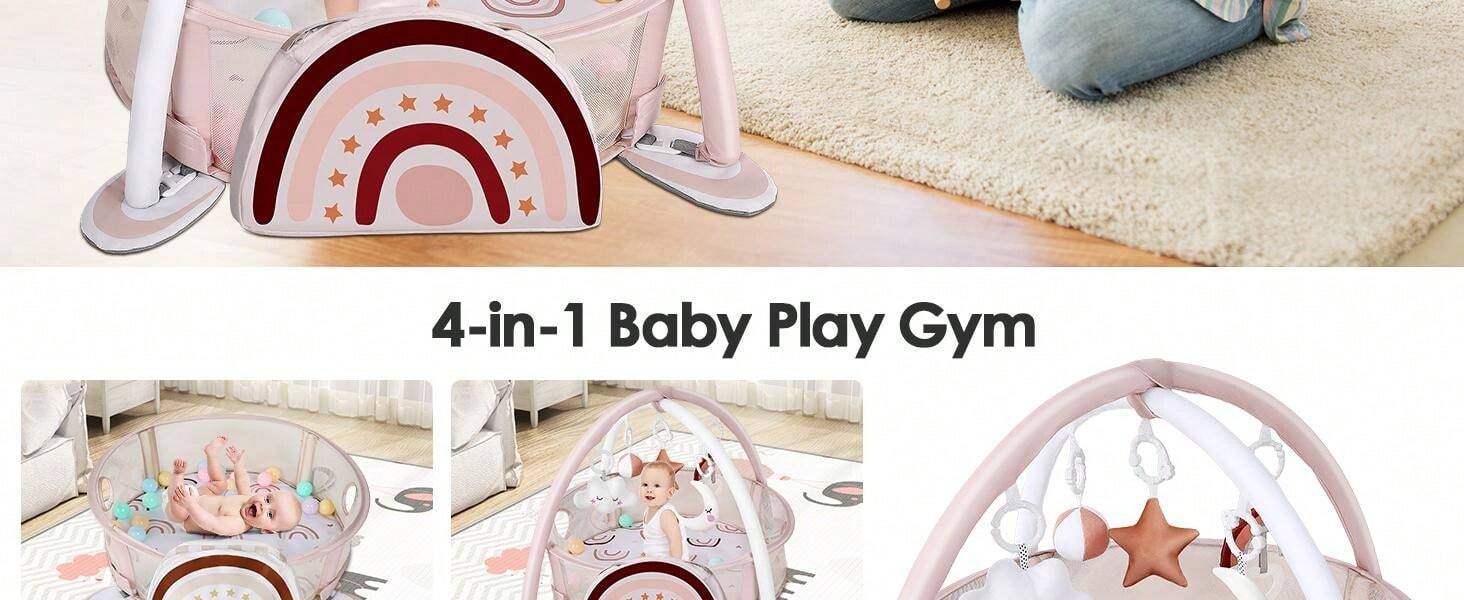4-In-1 Baby Play Mat Baby Gym,Mat For Floor Activity Gym Ball Pit Including 30 Balls With 5 Infant Learning Sensory Baby Toys For Newborn Toddler Boy & Girl Halloween Gifts