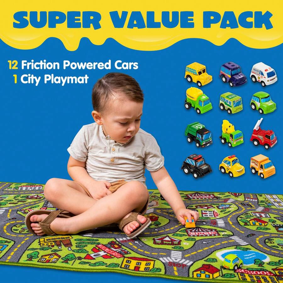 Kids Play Rugs - 12 Pull-Back Vehicle Set - Durable Carpet Playmat Rug - City Pretend Play - Toddler Car Track Rug
