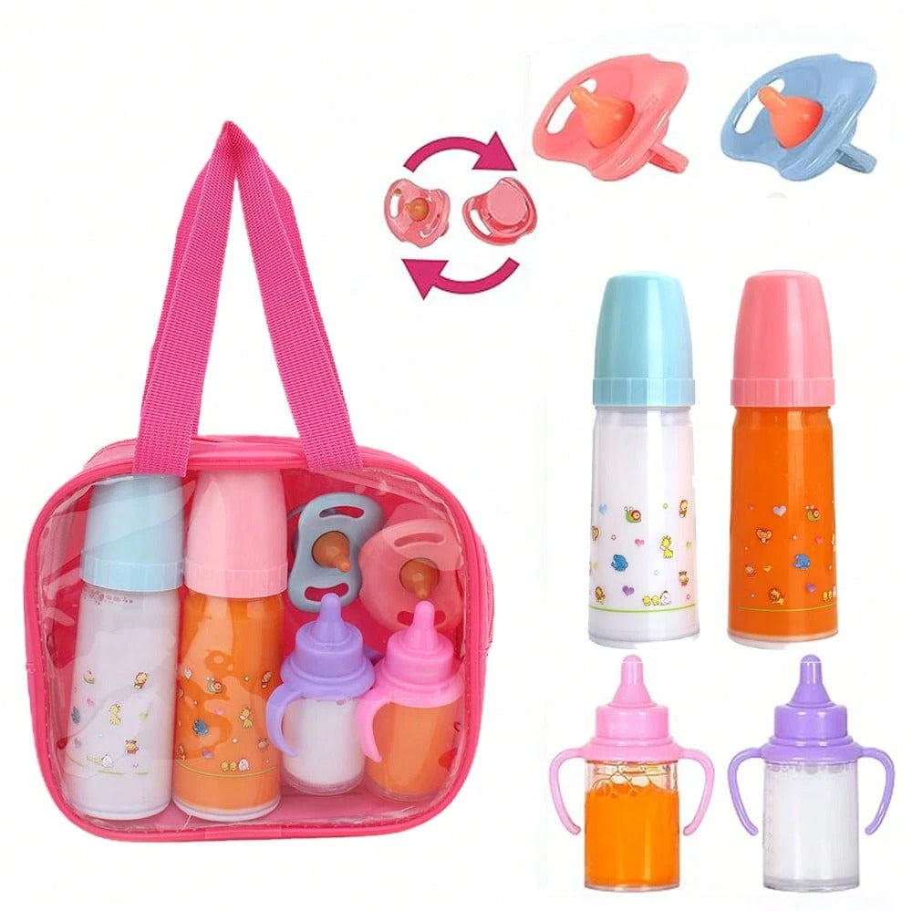 7-In-1, Bottled With Two Large Milk And Orange Juice Bottles, Two Small Milk And Orange Juice Cans, And Two Blue And Orange Pacifiers, Suitable For Reborn Dolls Around 40 Centimeters In Size