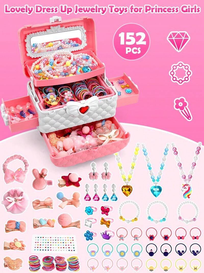 Kids Jewelry Toys For Girls Ages 3 4 5 6 7 8 9 10, Toddler Dress Up Play Jewelry Set, Princess Jewelry With Hair Clips & Hair Ties, Christmas Birthday Gifts For Girls 3-12 Years Old