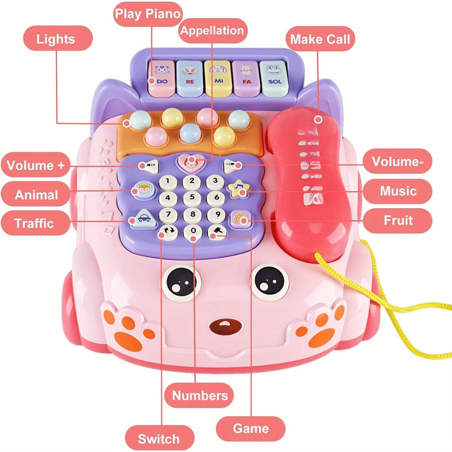 Baby Phone Toy, Baby Toy Phone Cartoon Baby Piano Music Light Toy Children Pretend Phone, Kids Cell Phone Girl With Light Parent-Child Interactive Toy Gift Game Boy Girl Early Education Gift Pink