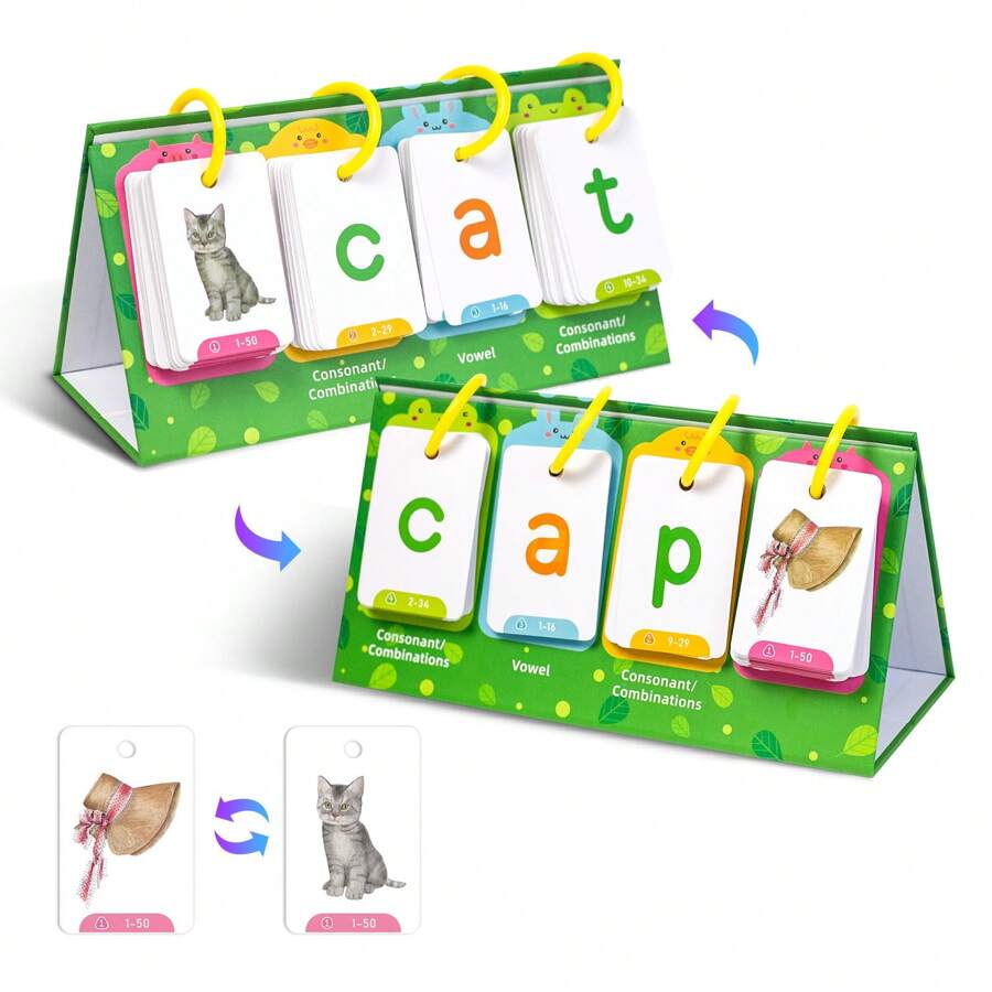 Word Flip Charts Double-Sided Desktop Chart Card Set - Interactive Spelling Game, Word Building Cards, Educational Spelling Toy, Literacy Learning Card, Classroom Educational Toys For Kids