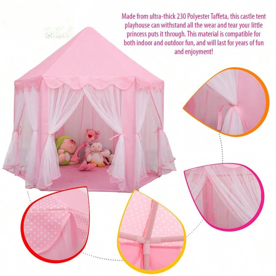 Princess Castle Playhouse Tent Forgirls With LED Star Lights – Indoor & Outdoor Large Play Tent For Imaginative Games – ASTM Certified, 230 Polyester Taffeta. Pink 55"X53"Kids Tent,Tent For Kids,Tent