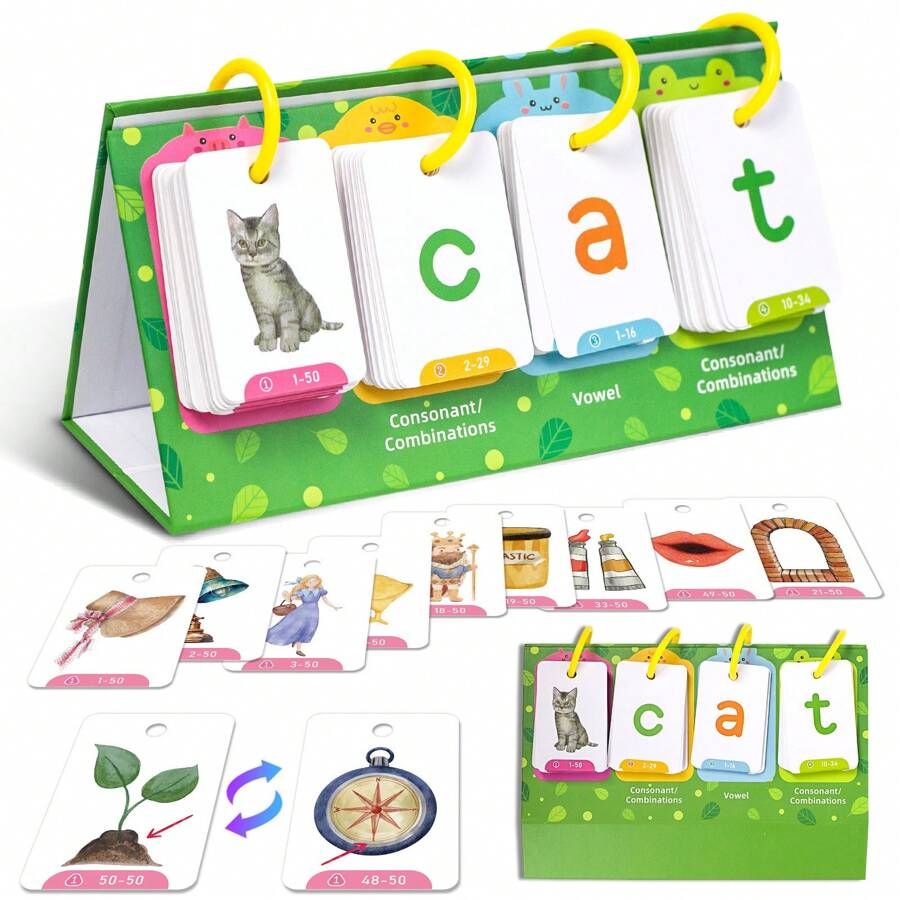 Word Flip Charts Double-Sided Desktop Chart Card Set - Interactive Spelling Game, Word Building Cards, Educational Spelling Toy, Literacy Learning Card, Classroom Educational Toys For Kids
