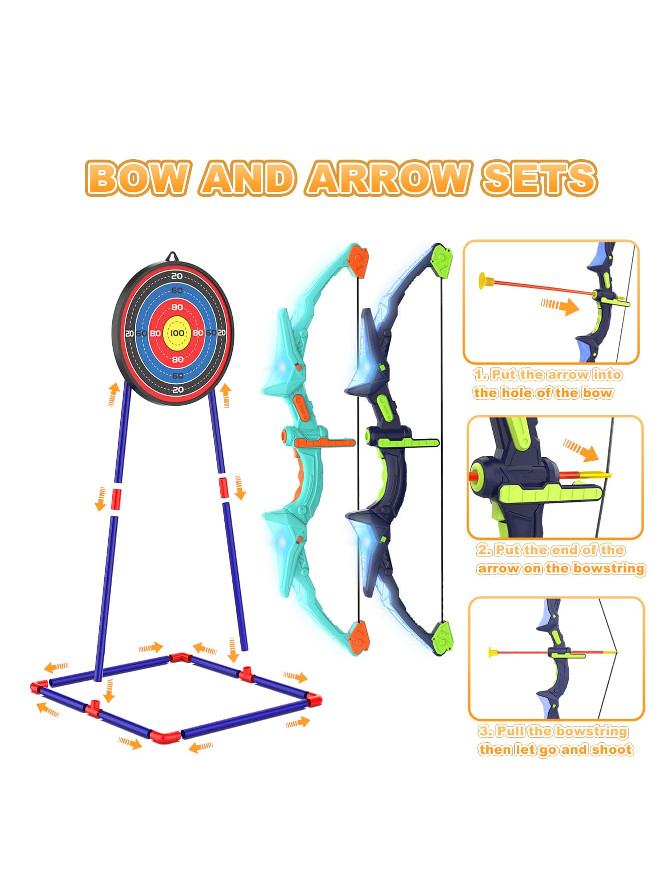 2 Pack Kids Bow And Arrow Set With LED Flash Lights, 14 Suction Cup Arrows And Fluorescence Standing Target-Perfect Indoor And Outdoor Archery Set Toy Gift For Boys And Girls Ages 4-12