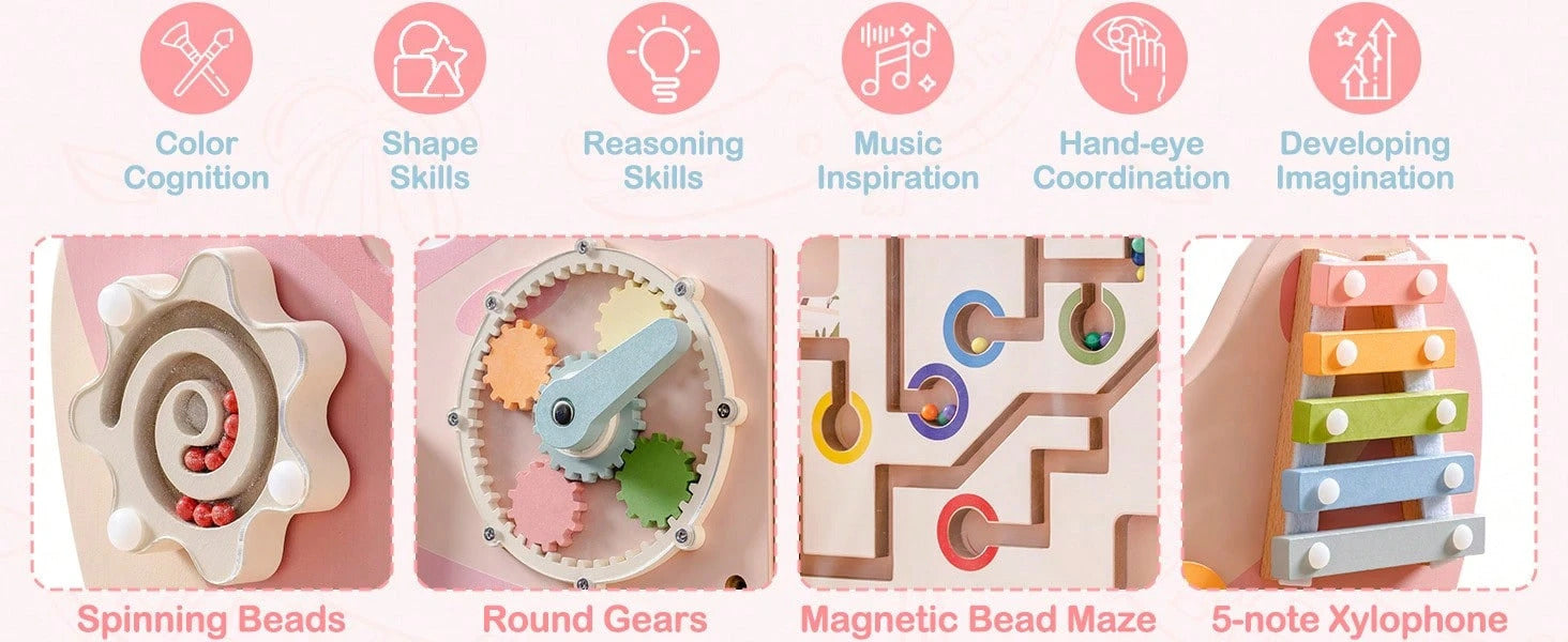 Montessori Wooden Busy Board For Toddlers - Wall Mounted Activity Center With Gears, Locks, Mazes & Sensory Toys Educational Learning Toy Gift For Boys & Girls