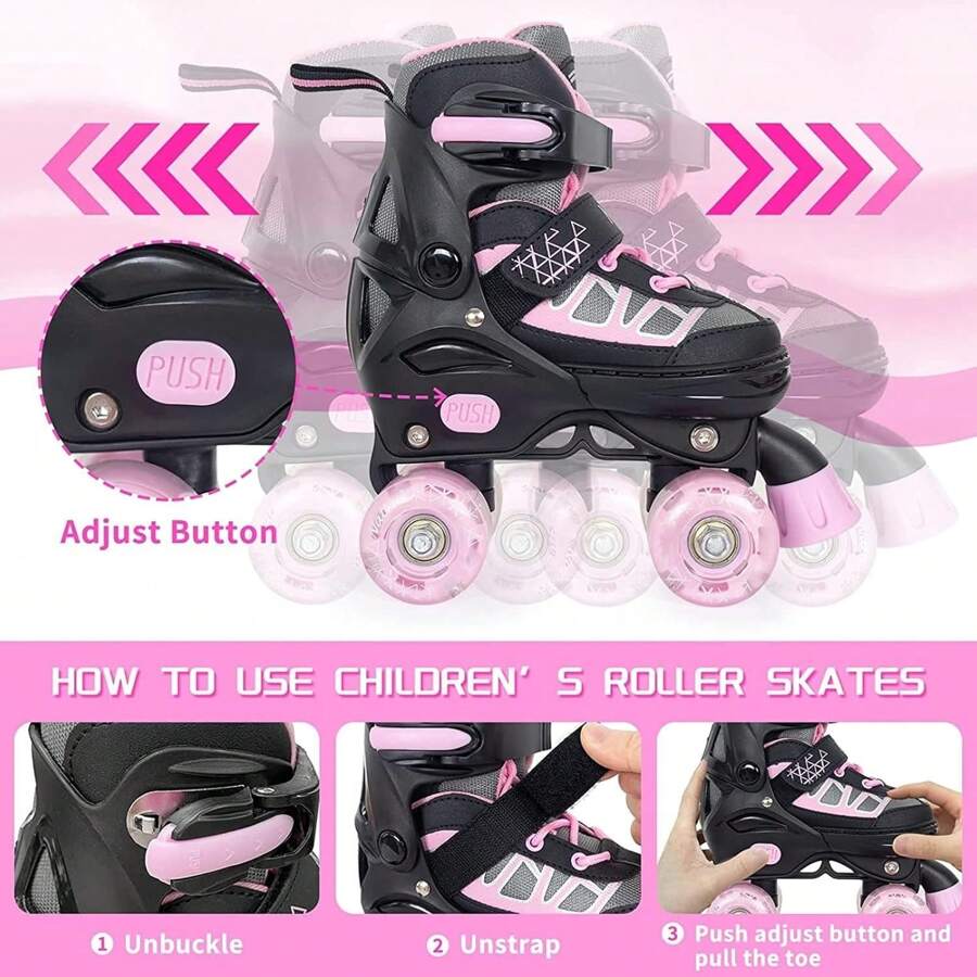 Roller Skates For Kids Boys Girls, Adjustable Quad Skates With Light Up Wheels For Toddler Little Kids Ages 6-12, Beginners Outdoor Sports