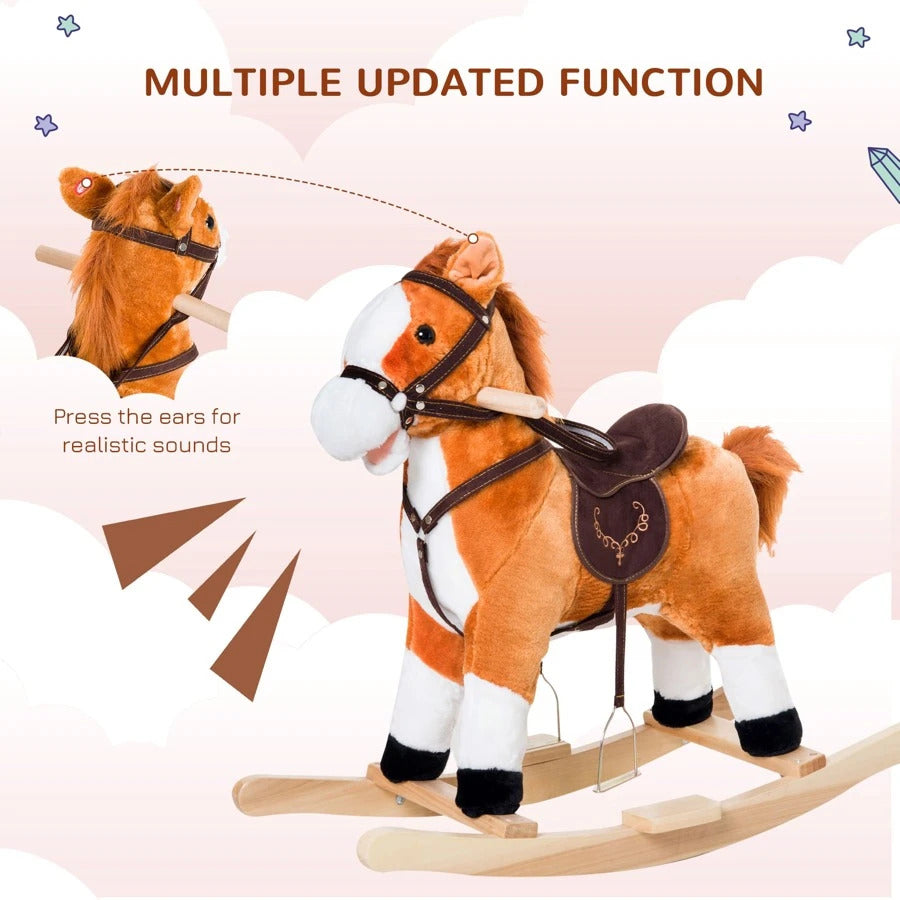Kids Plush Toy Rocking Horse Ride on with Realistic Sounds - Brown