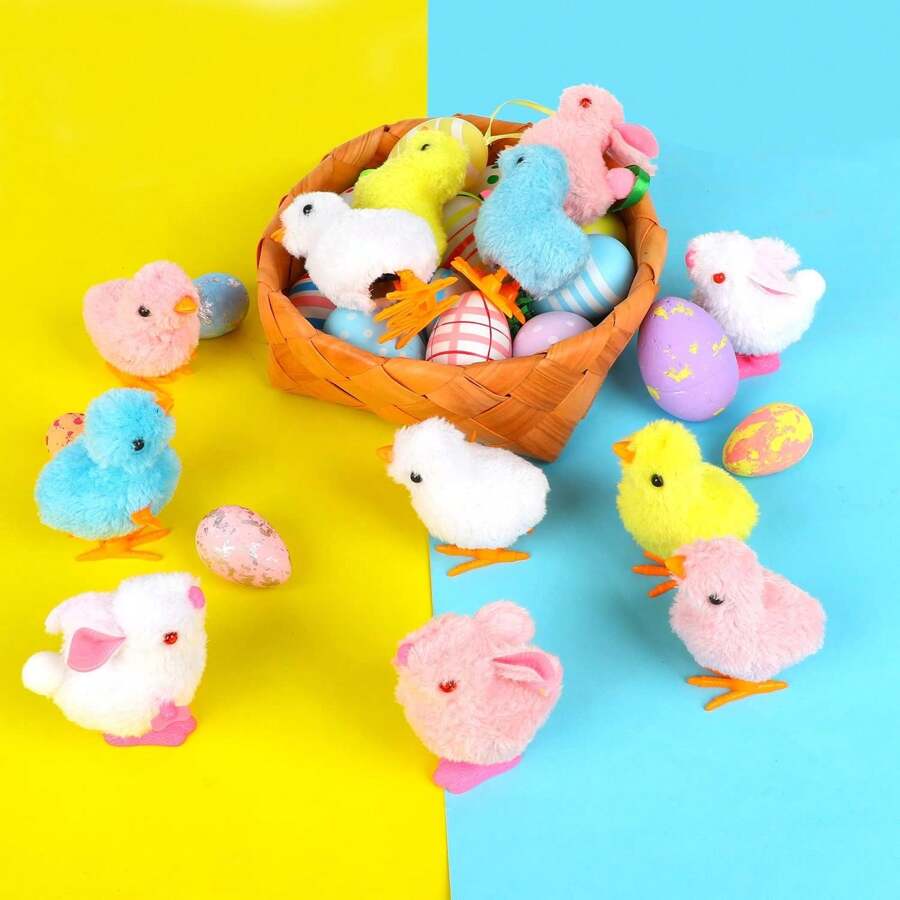 12PCS Wind Up Bunny Chick Toys,Jumping Chicken And Wind-Up Bunny Clockwork Toys For Easter Egg Hunt Basket Stuffers Party Favors Box Decoration