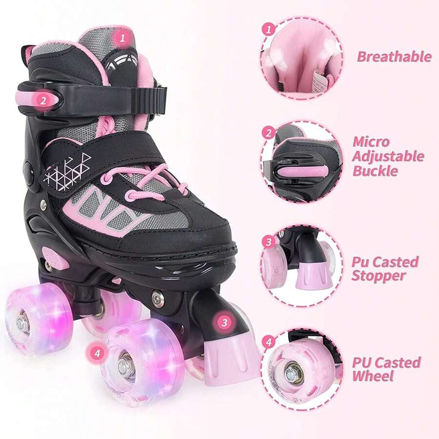 Roller Skates For Kids Boys Girls, Adjustable Quad Skates With Light Up Wheels For Toddler Little Kids Ages 6-12, Beginners Outdoor Sports