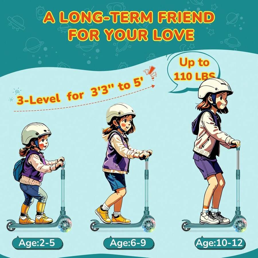 3-10 Year Old Kids Kick Scooter With Brake - Adjustable Height Handlebar, Lightweight Aluminum Frame, Wide Non-Slip Deck