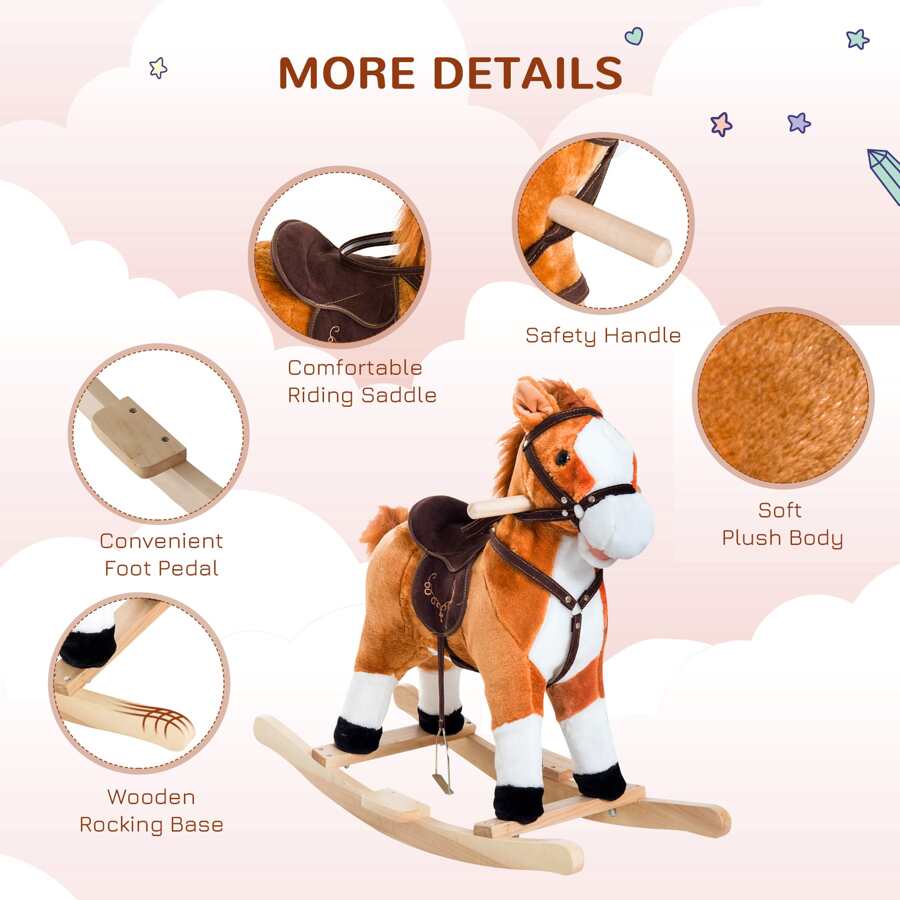 Kids Plush Toy Rocking Horse Ride on with Realistic Sounds - Brown