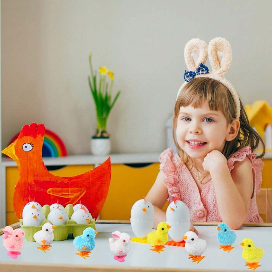 12PCS Wind Up Bunny Chick Toys,Jumping Chicken And Wind-Up Bunny Clockwork Toys For Easter Egg Hunt Basket Stuffers Party Favors Box Decoration
