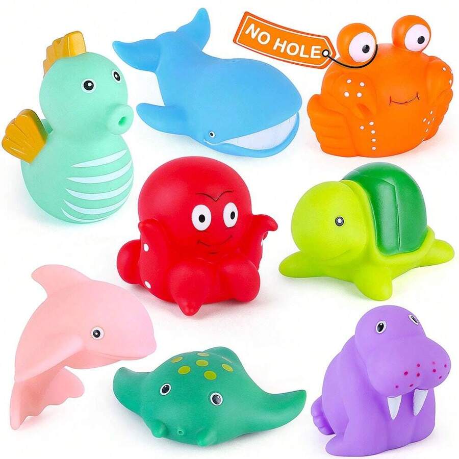 Bath Toy, Mold Free Bathtub Toys for Infants Toddlers, 8PCS No Holes Ocean Sea Animal Baby Bath Toys, Soft Bath Tub Toys