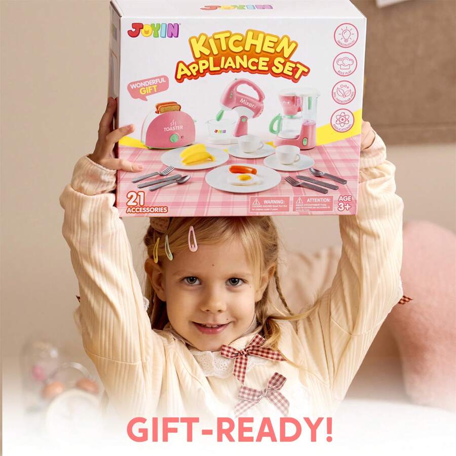 Play Kitchen Toys, Pretend Play Kitchen Appliances Toy Set With Coffee Maker, Mixer, Toaster With Realistic Lights& Sounds, Birthday Gift For Kids Ages 3+, Pink
