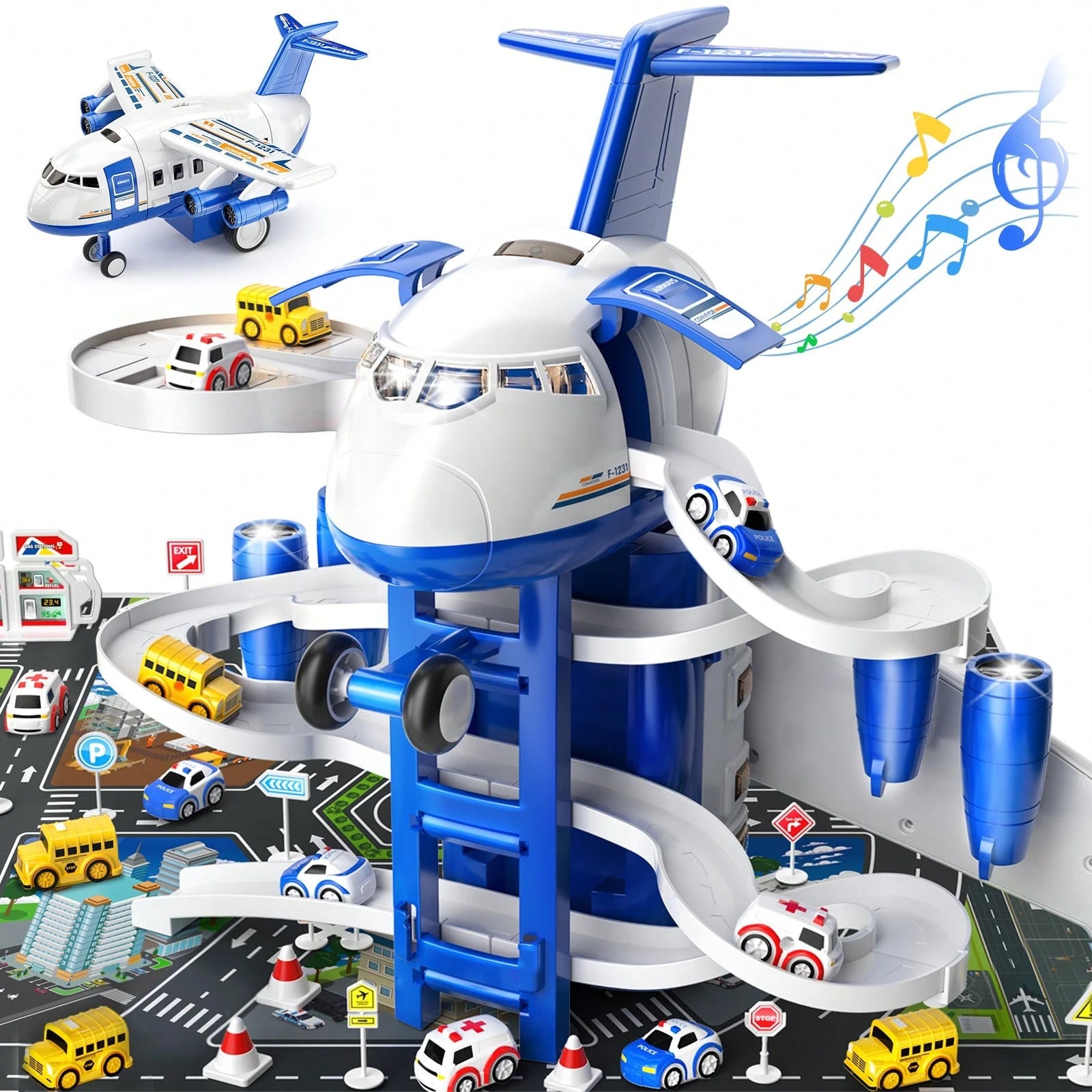 Kid's Airplane Car Toys With Music & Lighting,Two Gameplays: Aircraft Model & Track Racing Car,Science Education Toy,Christmas Birthday Gift For Kid Aged 4 5 6 7