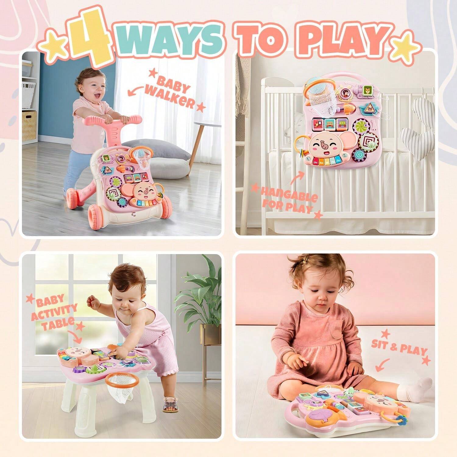 3 In 1 Baby Walker And Activity Center For Baby Girl,Toddler, Learning To Walk, Sit To Stand, Early Learning Push Toys For Infant 6-12 Months Pink