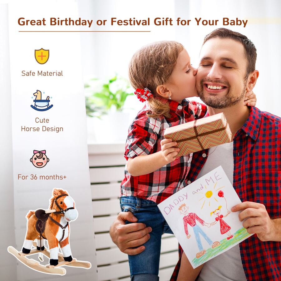 Kids Plush Toy Rocking Horse Ride on with Realistic Sounds - Brown
