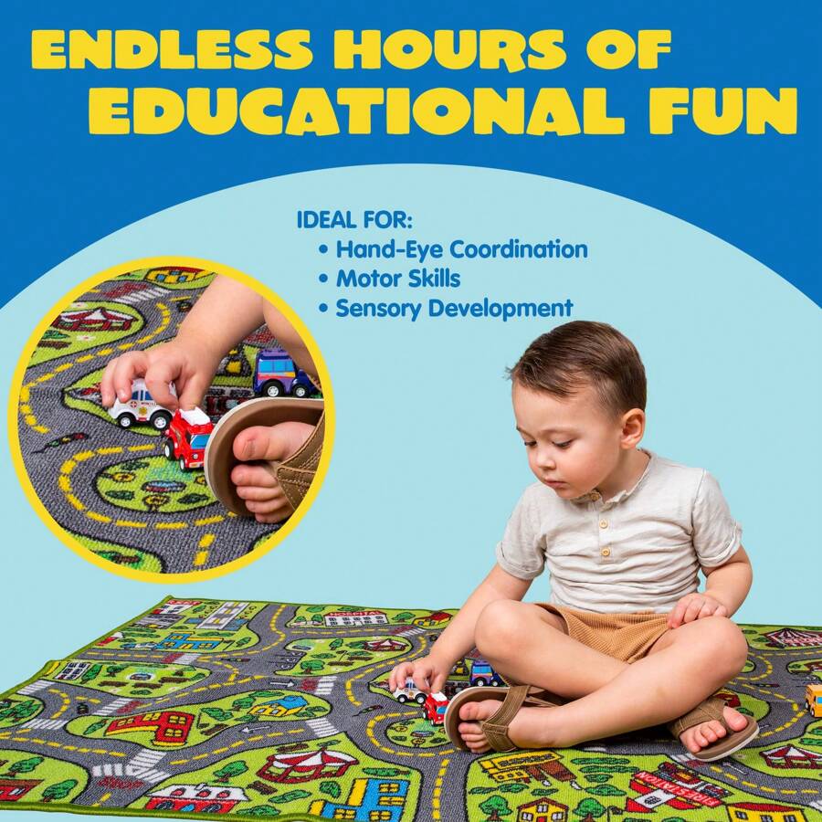 Kids Play Rugs - 12 Pull-Back Vehicle Set - Durable Carpet Playmat Rug - City Pretend Play - Toddler Car Track Rug