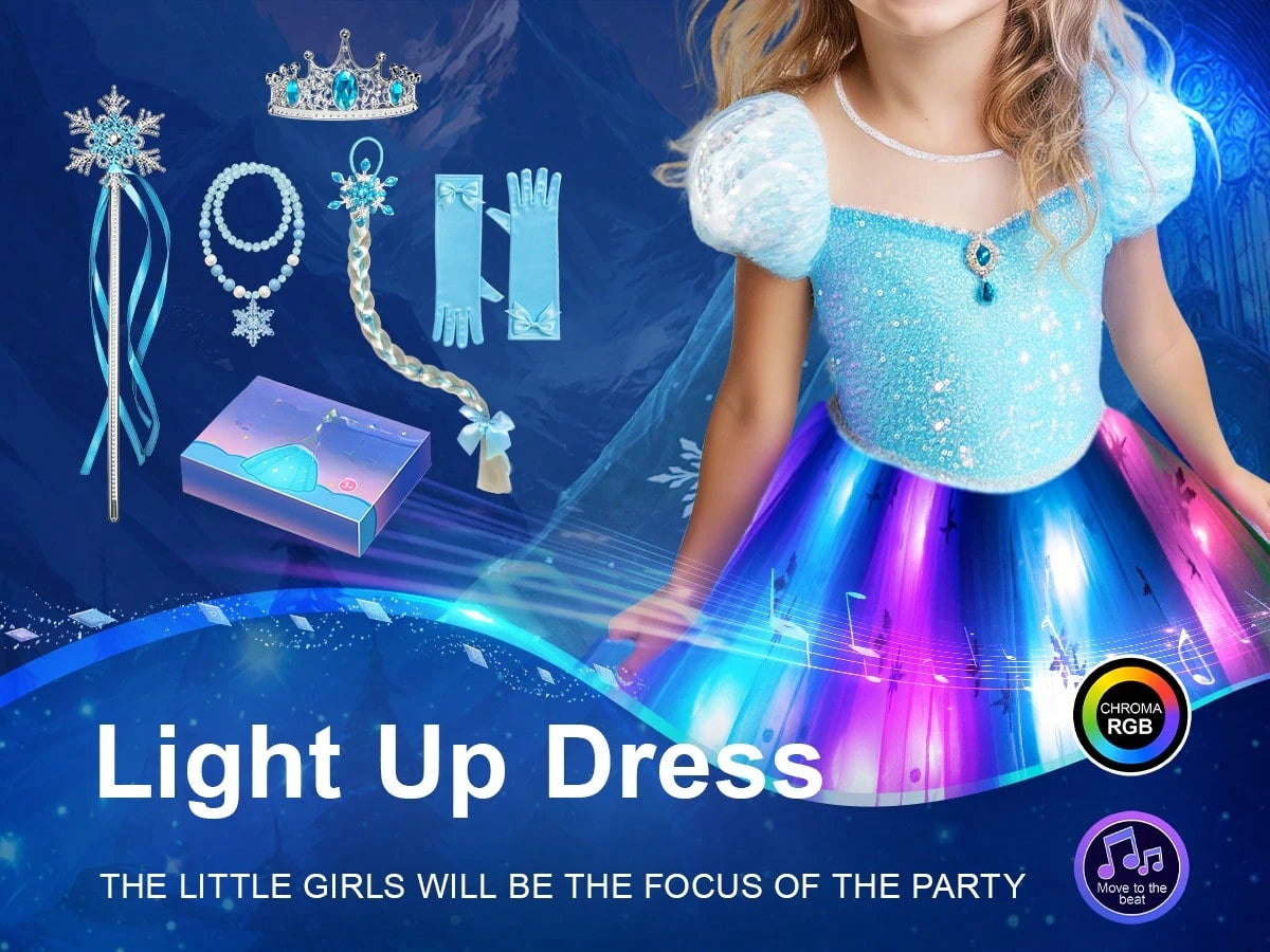 Halloween Costumes For Girls, Light Up Princess Dress With Blue Cape, Kids Party Dress, Syncs With Music, App Remote Control, With Crown, Wand, Wig, Gloves, Necklace For Halloween Cosplay Costume (Battery Not Included)