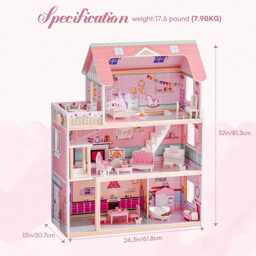 Robotime Robud 3-Story Wooden Dollhouse With Working Elevator - 20PCS Furniture Set, Garage & Accessories - Large Preschool Playhouse For Kids Ages 3+, Ideal Gift For Girls & Boys
