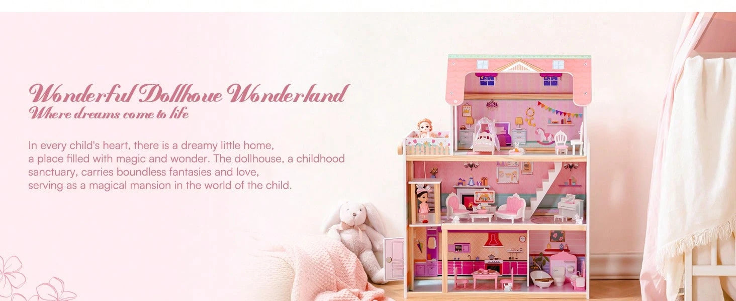 Robotime Robud 3-Story Wooden Dollhouse With Working Elevator - 20PCS Furniture Set, Garage & Accessories - Large Preschool Playhouse For Kids Ages 3+, Ideal Gift For Girls & Boys